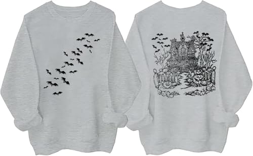 FCDIED Horror Halloween Sweatshirt Women Spooky Bats Pumpkin Face Graphic Tee Casual Long Sleeve Crewneck Pullover Tops, Gray, Large