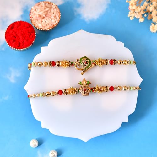 Image of CraftVatika Kundan Rakhi Set for Brother Set of 2, Designer Peacock Rakhi for Brother Boy Men, Premium Kalash Raki for Bhaiya, Traditional Rakshabandhan Rakhis with Best Wishes Card and Tillak Set