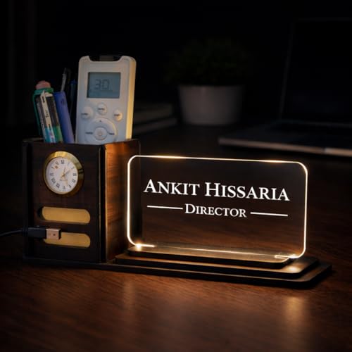 Image of Zesta Wooden Desk Organizer Pen Stand Remote Holder Card Slot | Table Accessory Office Desk Study Room | Pencil Storage Stand Stylish Workspace Decor (Custom Organiser)