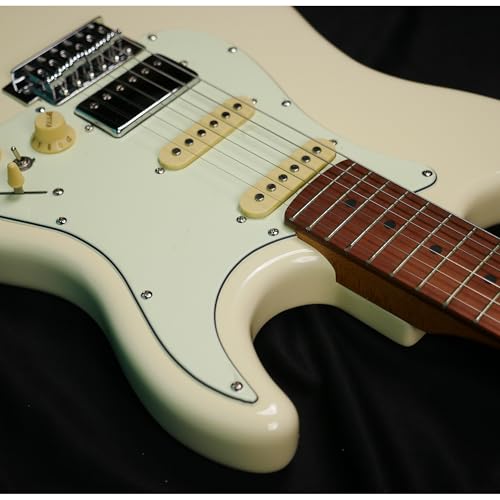 Image of SEST600 HSS Strat Electric Guitar | Roasted Maple Neck | Coil Split Humbucker | 22 Frets | 5-Way Switch | Gloss Finish | Premium Tremolo System | Strat Style Electric Guitar (Vintage white)