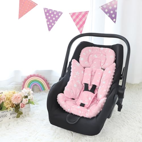 Image of Car Seat Head Support Baby, Soft Infant CarSeat Insert with Strap Covers for Girls, Newborn Insert for carseat, Strollers, Swings, Bouncer, Pink