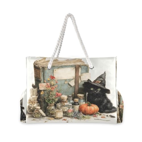 Large Beach Bags Totes Canvas Tote Shoulder Bag Black Cat Magic Books Water Resistant Bags for Gym Travel Daily2