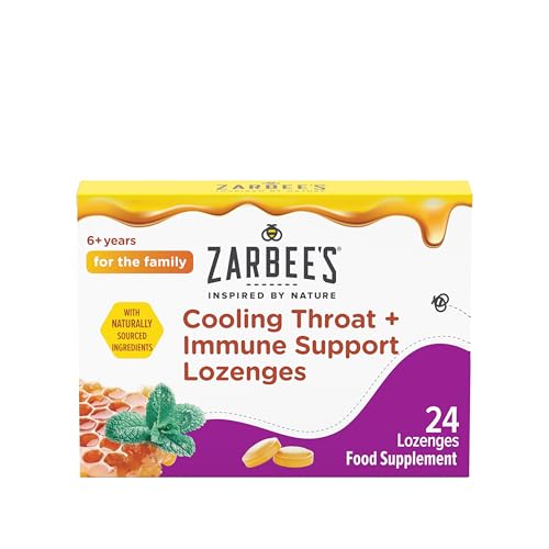 Zarbees Cooling Throat + Immune Support Lozenges Calm and Cool your Throat (24 count) Real Honey Peppermint Oil Extract with Vitamin C and Zinc No Artificial Colours or Flavours