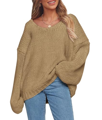PRETTYGARDEN Women's Fall Oversized Sweaters Long Sleeve V Neck Dressy Casual Chunky Knit Loose Pullover Tops Winter Clothing