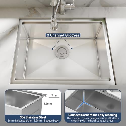 GarveeHome Undermount Kitchen Sink, 23x18 Inch Stainless Steel Kitchen- Single Bowl Sinks, Modern Top Mount 16 Gauge Workstation Sink-with Accessories for Bar, Silver (Not Included Faucet)