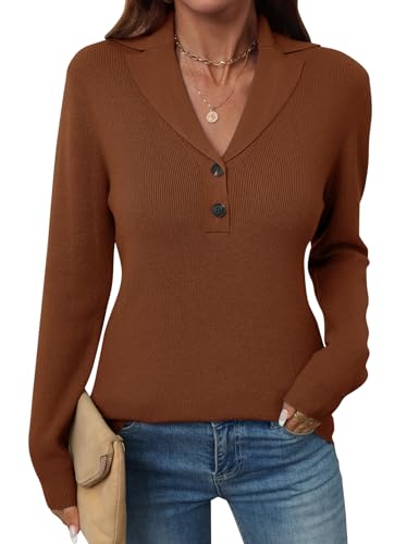 Image of LOMON Sweaters for Women 2025 Fall Knitted V-Neck Collared Button Pullover Dressy Casual Long Sleeve Polo Shirts Business
