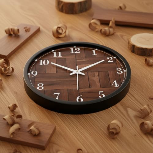 Image of Classic Parquet Wooden Pattern Wall Clock for Living Room Decor | Round Analog Silent Non-Ticking Clock with Black Frame | Modern Farmhouse Wood Grain Watch for Bedroom, Office & Kitchen