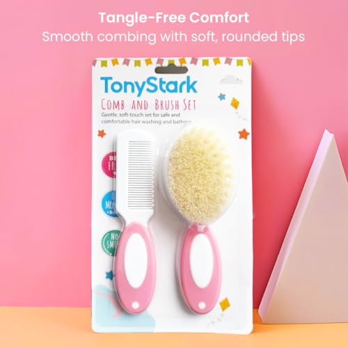Image of TONY STARK Baby Brush and Comb Set, Newborn Essentials Set with Baby Comb and Soft Bristle Hair Brush for Your Toddler's Scalp (Pink)