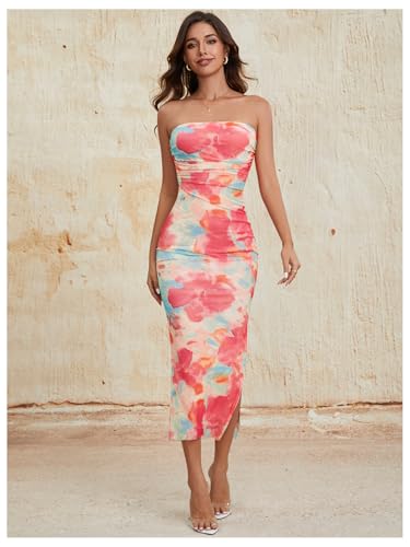 Image of Milumia Women's 2026 Summer Floral Strapeless Tube Top Dresses Side Slit Wedding Guest Bodycon Maxi Dress