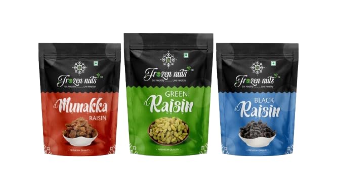 FROZEN NUTS Natural Green Raisins, Black Raisins & Munakka Raisins Dry Fruit Jar Pack - Healthy Snack Combo of Seedless Dried Grapes - High in Antioxidants, Naturally Sweet & Tasty (Each Pack of 300g)-image-36