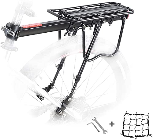 JJJ Bagażnik rowerowy, tylny bagażnik rowerowy, bagażnik na sztycę siodełka, aluminiowy bagaż, bagaż, bagaż, bagaż, z reflektorem i siatką ładunkową