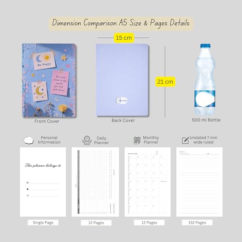 Image of Motivational Floral A5 Notebook Diary for Women & Students | Softbound Laminated Cover | Monthly Planner + Daily Planner | 21 x 15 cm Ruled Journal | Inspirational Quote Cover (Sky Blue Be Happy)