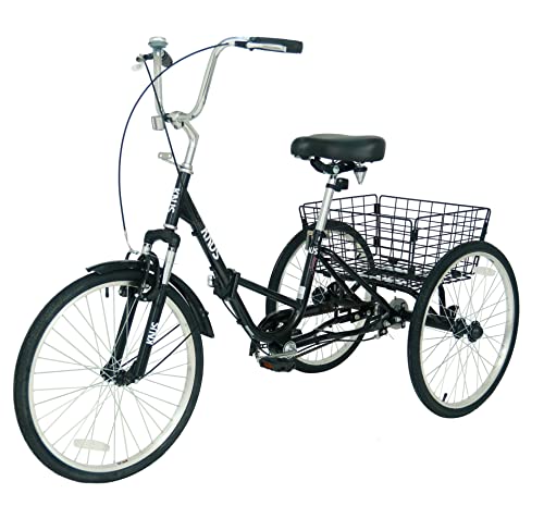 MEGHNA KNUS Adult Folding Single Speed Tricycle 20inch/24inch High Three Wheel Cruiser Bike Trike 3 Wheels Bike with Large Basket for Recreation,Exercise,Shopping Womne Men Seniors, Black