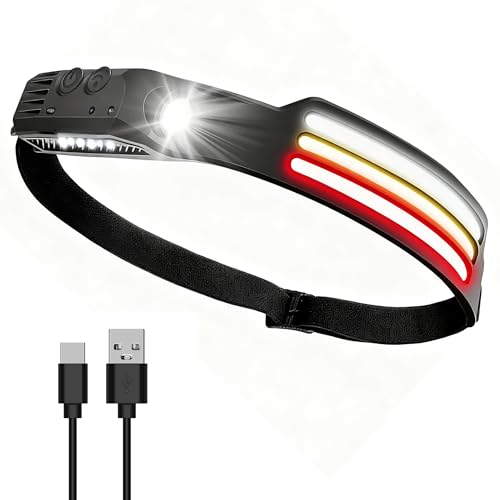 Linterna frontal LED de 3000 lúmenes recargable con detector de movimiento, IPX5, resistente al agua, haz de 230 ° de ancho – Linterna frontal ligera para camping, senderismo, pesca, correr, ciclismo