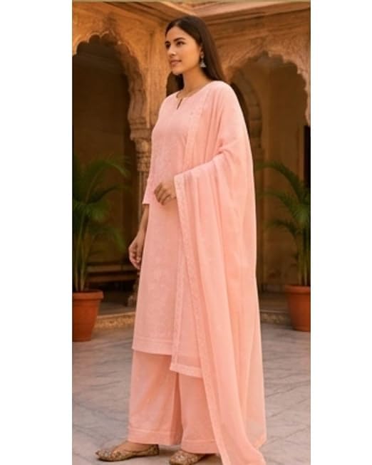 Image of Women's Embroidered Mul Chanderi Chikankari Kurta with Palazzo and Dupatta Set Ethnic Wear 3 Piece Suit Set for Women Festive Traditional Party