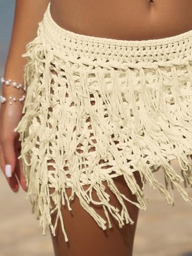 Verdusa Women's Fringe Trim Hollow Out Crochet Short Skirt Cover Up3