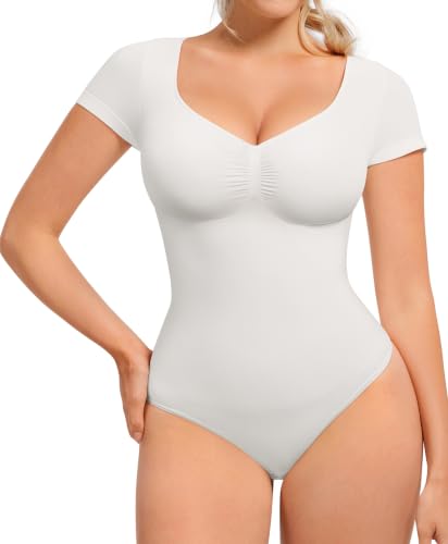 Image of FeelinGirl Short Sleeve Shapewear Bodysuit for Women V Neck Tummy Control | Sweetheart Neckline, Seamless, Going Out Tops, Thong, Plus Size, Soft