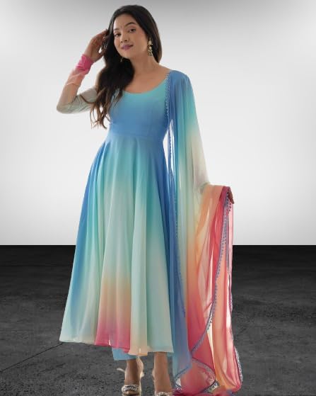 Image of Dhrumi Collection Women's Designer Multi Color Anarkali Kurta Pant Set with Dupatta | Anarkali V Neck Full Sleeve Kurti Ethnic Wear Gown Set