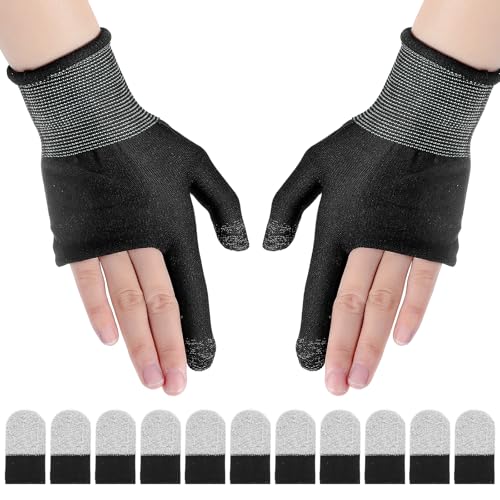 Gsbnjuy 1 Paar Mobile Game Gloves and 10 Pcs Gaming Finger Gloves Sleeves Ultra-Thin Touchscreen Gaming Glove Anti-Sweat Breathable Finger Sleeves Thumb Protector for All Touchscreen Devices