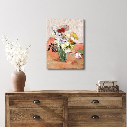 Image of Pyradecor Abstract Flowers Canvas Prints Japanese Vase with Roses and Anemones by Vincent Van Gogh Oil Paintings Reproduction Artwork for Home Office Bedroom Decorations