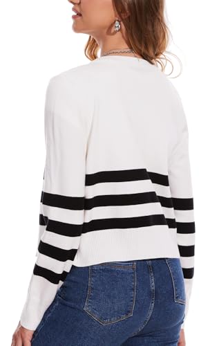 Image of MISS MOLY Women's Striped Cardigan Sweaters Full Zip Trendy Long Sleeve Round Neck Dressy Casual Knit Pullover Sweater White XS
