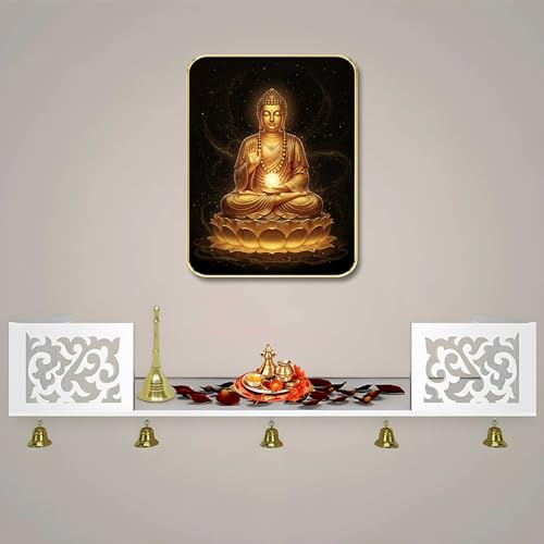Image of SAF Golden Buddha Wall Art with Table Top Stand & Wall Hanging Hole | MDF Meditating Buddha Lotus Painting for Home Mandir Living Room Office Decor