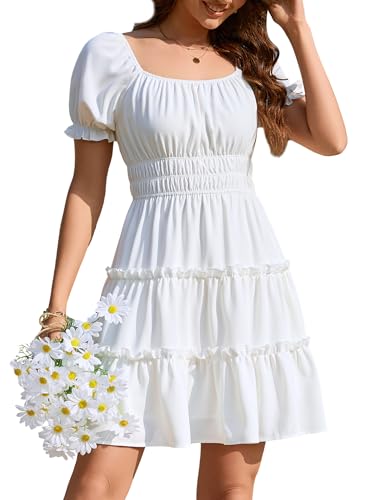 Beluring Kleider Damen Sommer Kurzarm Strandkleider Eckiger Ausschnitt Kurzarm Hochzeitsgast Partykleid (Weiß S)