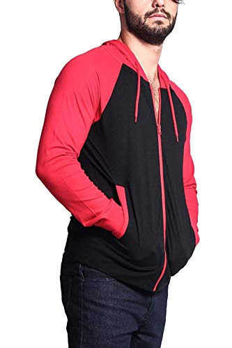 Men's Raglan Lightweight Zip Up Hoodie Sweatshirts TH864 - Black/Red - 4X-Large - A4G4