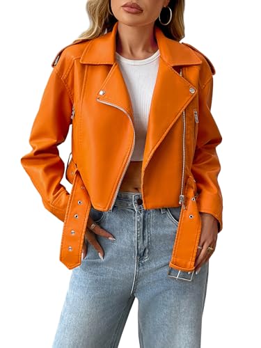 LY VAREY LIN Women Faux Leather Cropped Jacket Vegan Motor Biker Coat with Belt