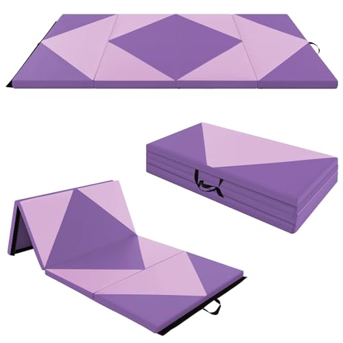 GYMAX Esterilla Plegable para Gimnasia, Esterilla Portátil de Suelo con 2 Asas, Esterilla de Entrenamiento Impermeable con Cierres de Velcro, para Gimnasia, Yoga y Juegos,240x120x5cm(Morado+RosaClaro)