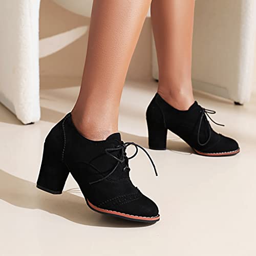 VOKLIN Women's Retro Round Toe Lace Up Dress Pumps Vegan Suede Chunky Block High Heel Work Office Pump Shoes4
