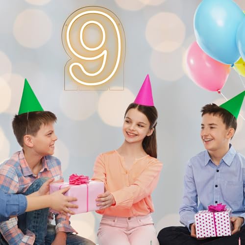 Image of Number 9 LED Neon Sign Backdrop Birthday Party Decoration, 11.3 inch Height Warm White Marquee Numbers Nine Light Up Sign for Wedding Anniversary Window Wall Table, Indoor Battery Operated or USB