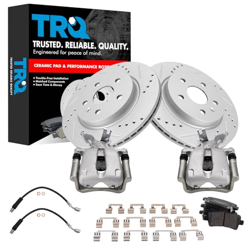Image of TRQ Performance Rear Brake Pad and Rotor Set Ceramic Slotted Drilled Coated Rotors Calipers Compatible with 2014-2015 Chevrolet Malibu 2016 Malibu Limited