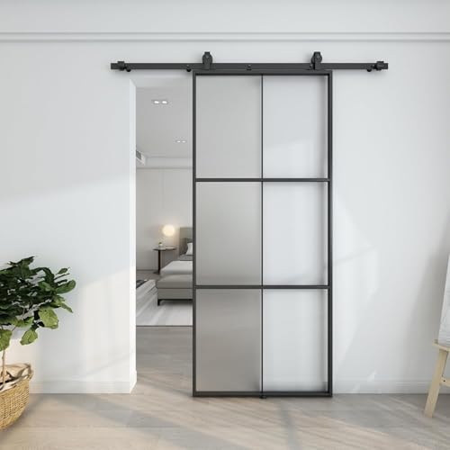 BARNSMITH Sliding Frosted Glass Door, 91x213cm DIY Black Aluminum Frame Barn Door Panel, Modern Pre-Drilled Holes Interior Door for Office Kitchen Living Room Room Dividers, No Track Kit
