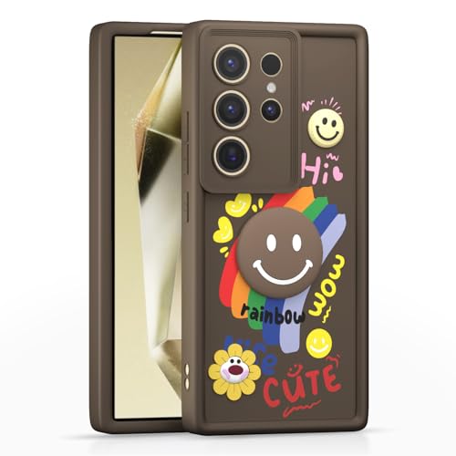 Image of Pikkme Back Cover for Samsung Galaxy S24 Ultra 5G | Soft Silicone| Cute Rainbow Smile & 3D Cartoon Flower Design | Shockproof Raised Camera Protection Bumper Case (Brown)
