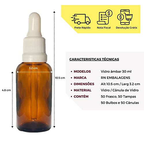 Vidro Âmbar de 30 ml conta gotas Gotejador Branco kit com 50 unid