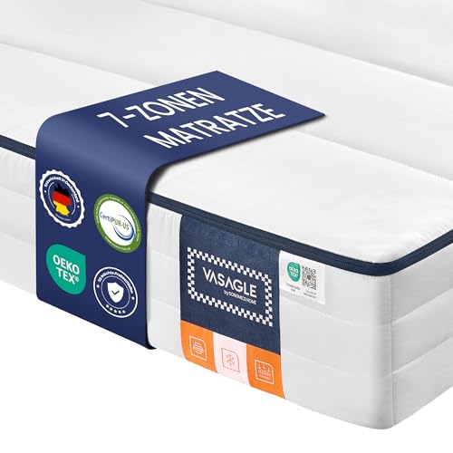VASAGLE Matratze, 90 x 200 cm, Einzelmatratze aus Gel-Memory-Schaumstoff, mittelfest, H3, 7-Zonen-Unterstützung, atmungsaktiv, Abnehmbarer, maschinenwaschbarer Bezug, 16 cm dick, weiß RMZ112W101