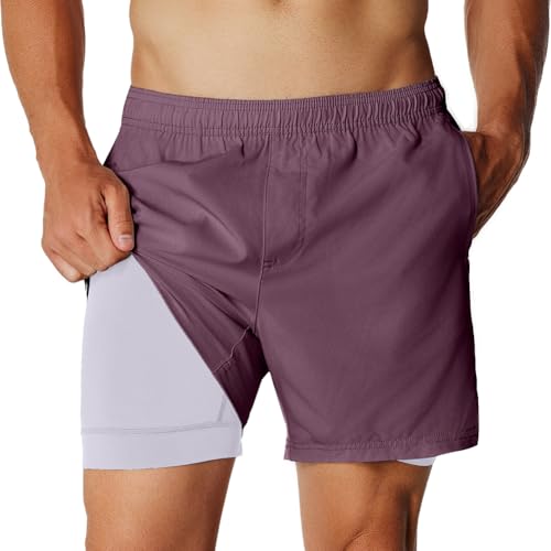 Image of NIMENJOJA 5.5 Inch Workout Running Shorts for Men, 2 in 1 Zip Pockets Athletic Gym Compression Liner Training Shorts Purple
