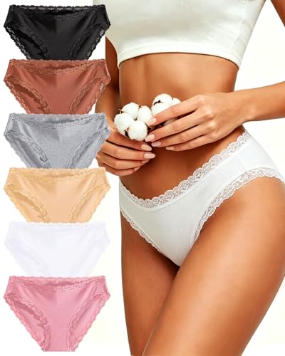 Image of FINETOO Cotton Underwear for Women Sexy Cheeky Lace Bikini Panties Soft Breathable Womens Underwear 6 Pack