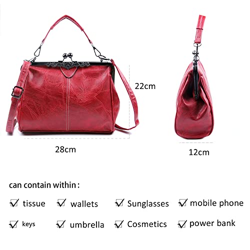 LUI SUI Frauen Retro Handtasche, PU Leder Geldbörse Vintage Top Griff Tasche Kiss Lock Crossbody Umhängetasche für Damen