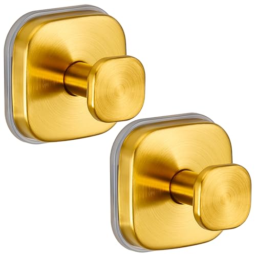 Image of Suction Cup Hooks for Shower - Resuable Bathroom Hooks for Towels, Robes & Loofah - No-Drill Mounting on Kitchen,Walls,Metal,Glass,Mirrors,Tile & Smooth Non-Porous Surfaces (2, Brushed Gold)