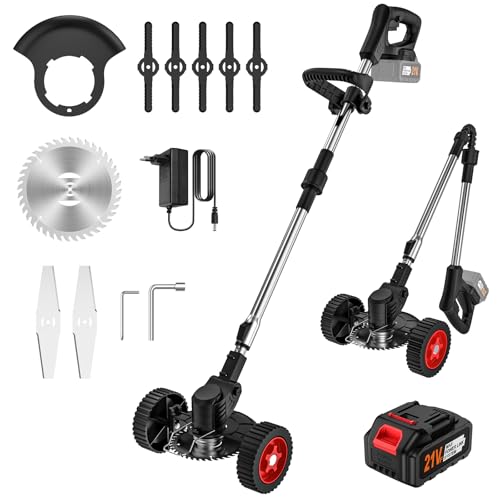 Desbrozadora Electrica de 21 V, Desbrozadora a Batería con batería 3,0 Ah, 3 Tipos de Cuchillas, Cortabordes electrico telescópica, con Cintura para jardín, césped, Granja (1 x batería)