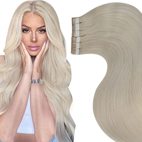 LaaVoo Blonde Tape in Extensions Human Hair Platinum Blonde 24 inch Long Remy Hair Tape in Real Hair Extensions Skin Weft Blonde Hair Extensions Human Hair 20pcs/50g