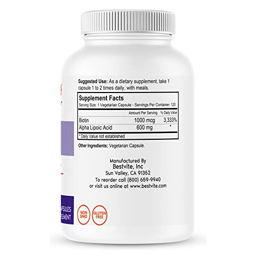 Bestvite Alpha Lipoic Acid 600Mg (Per Capsule) With Biotin To Enhance Absorption (120 Vegetarian Capsules) No Fillers - No Stearates - No Flow Agents #TOP1
