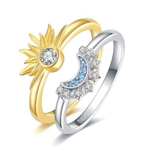 WOUOVO S925-Sterling-Silver Celestial Sun-Moon Rings Set - 18k and White Gold Plated Friendship Promise Matcking Ring Anniversary Jewelry Gifts for Couple Girlfriend Women (7#)