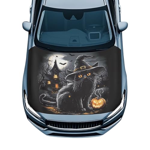 Image of Black Cat Car Hood Cover All Weather Protection Automotive Exterior Accessories Halloween Universal Fit Hood Covers for Cars, Trucks, SUV, or Van Full Coverage