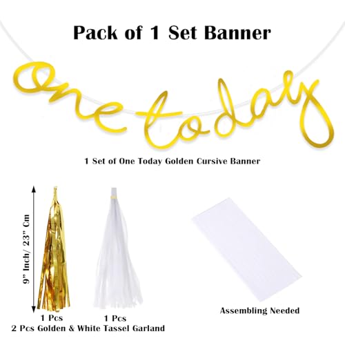 Image of Rozi Decoration One Today Cursive Golden Hanging Banner with Golden & White Tassel Garland for First Birthday Decoration