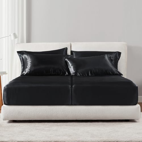 Image of Madison Park Essentials Satin Sheets Split King Size Bed Set, 7 Pcs, Black | Luxury and Smooth Silky Bedding with Natural Sheen, All Around Elastic 14 inch Pocket fits up to 16 inch Mattress, Year-Round Cozy