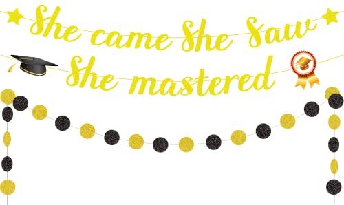 2022 Graduation Decorations, She Came She Saw She Mastered Banner, Gold Glitter Masters Graduation Decorations for Masters Party Mastered it Graduation Banner