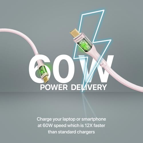 Image of Promate USB-C to USB-C Cable, Premium 60W Power Delivery Type-C Cable with Transparent Shells, 480Mbps Data Sync and 120cm Nylon Braided Cord for Galaxy S22, iPad Air, TransLine-CC-Pink
